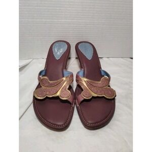 Clarks Indigo Purple Leather Open Toe Sandals Gold Kitten Heels Embroidered 7.5M